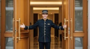 young-man-doorman-wearing-a-uniform-opening-a-door-and-welcoming-in-a-luxury-hotel-hospitality-service-and-concierge-concept-photo